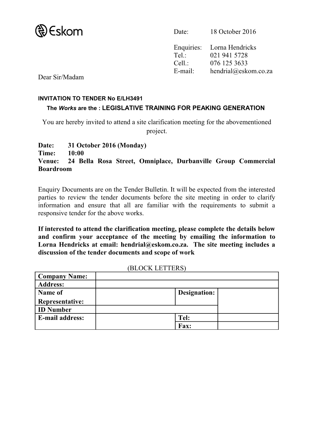 INVITATION to TENDER No E/LH3491