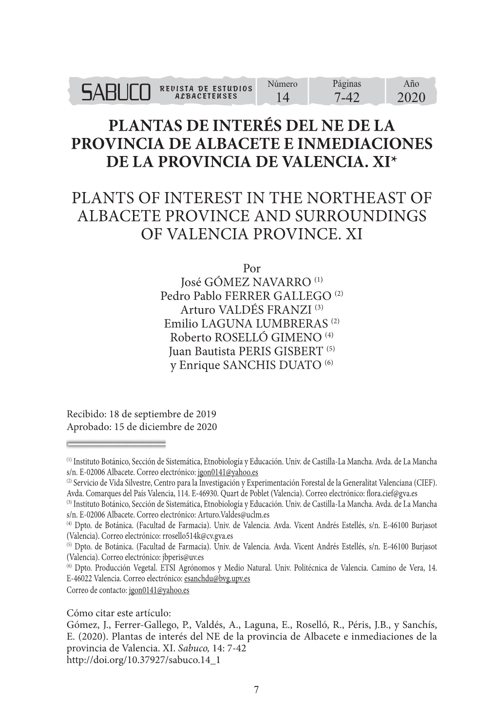 Sabuco 14 7-42 2020 Plantas De Interés Del Ne De La Provincia De Albacete E Inmediaciones De La Provincia De Valencia