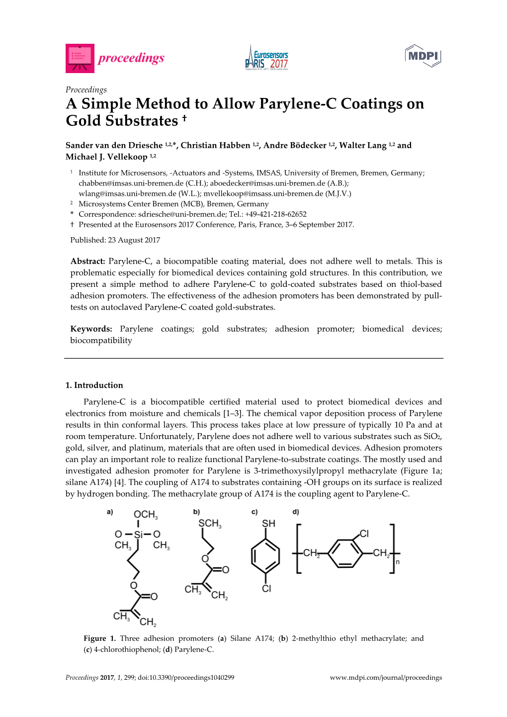 A Simple Method to Allow Parylene-C Coatings on Gold Substrates †