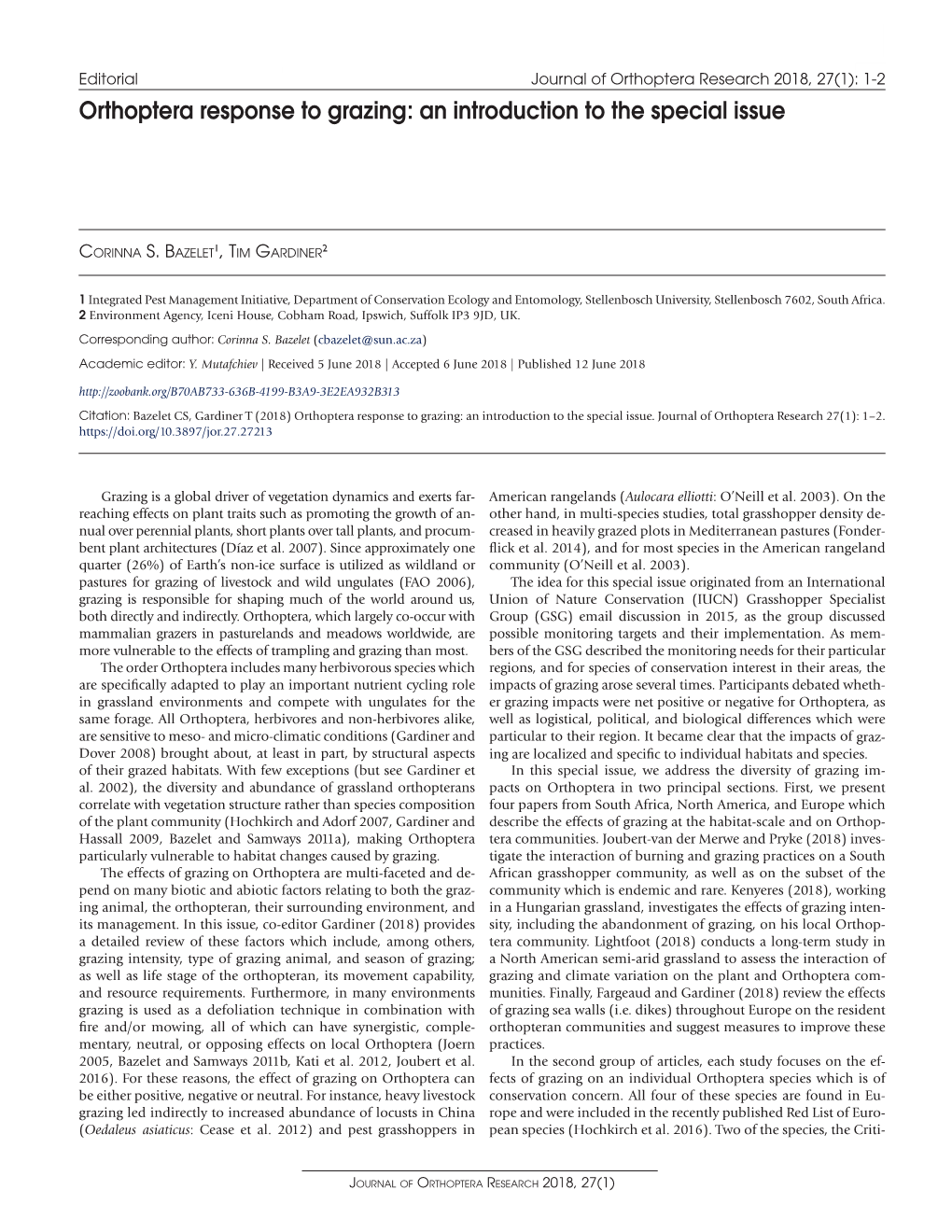 Orthoptera Response to Grazing: an Introduction to the Special Issue