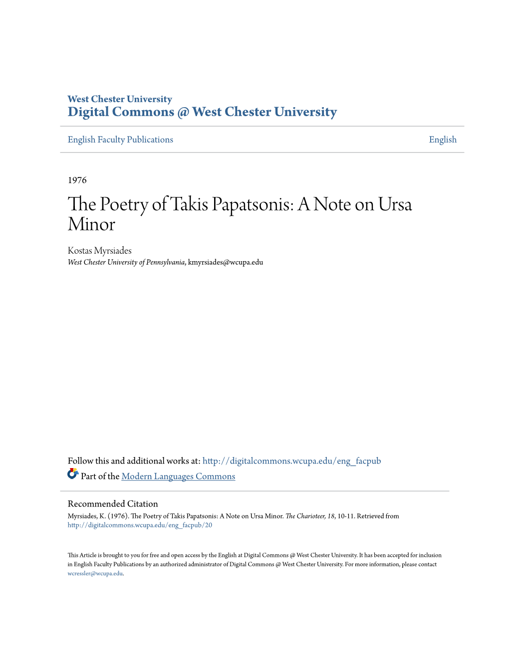 The Poetry of Takis Papatsonis: a Note on Ursa Minor