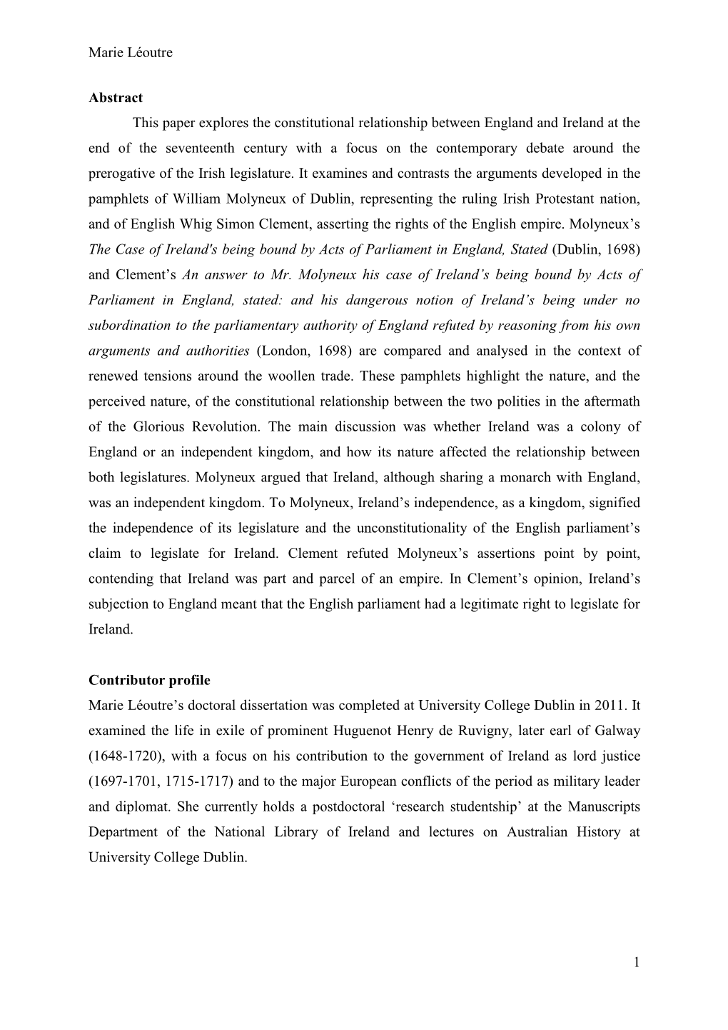 Marie Léoutre 1 Abstract This Paper Explores the Constitutional