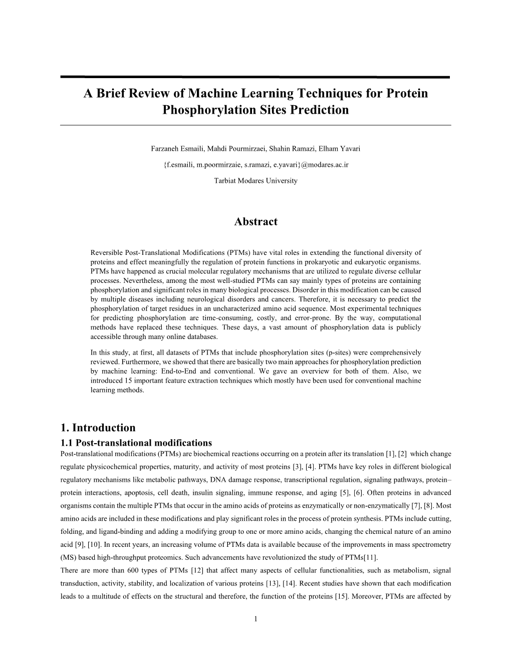 A Brief Review of Machine Learning Techniques for Protein Phosphorylation Sites Prediction