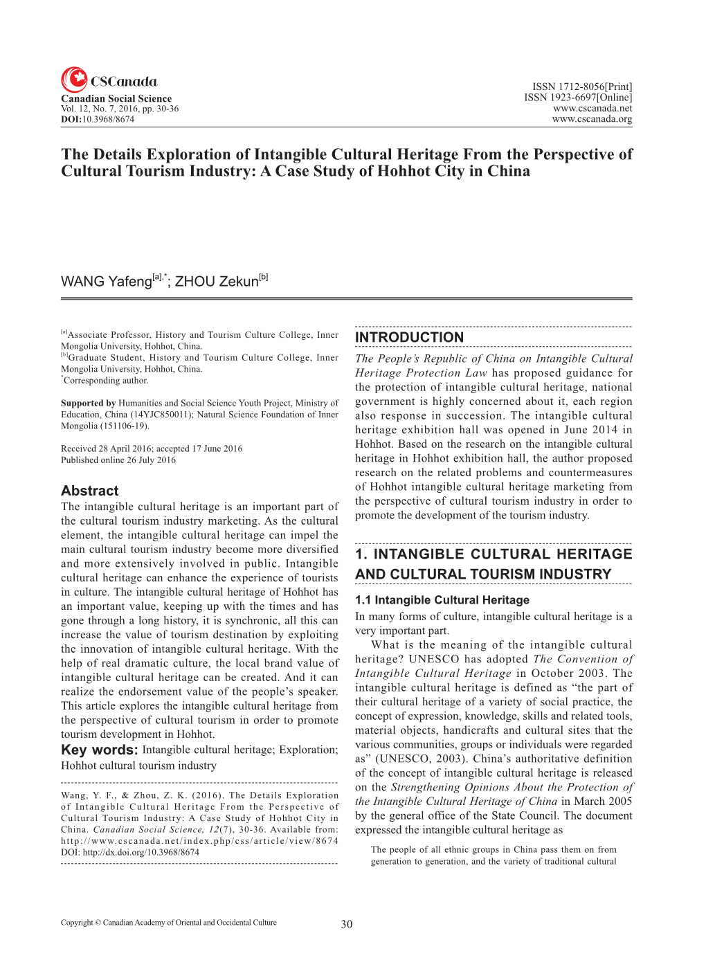 The Details Exploration of Intangible Cultural Heritage from the Perspective of Cultural Tourism Industry: a Case Study of Hohhot City in China