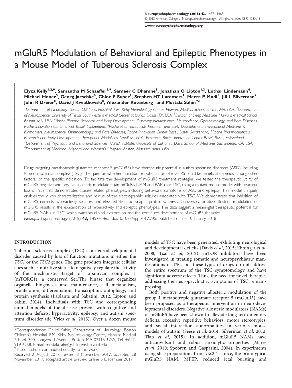 Mglur5 Modulation of Behavioral and Epileptic Phenotypes in a Mouse Model of Tuberous Sclerosis Complex