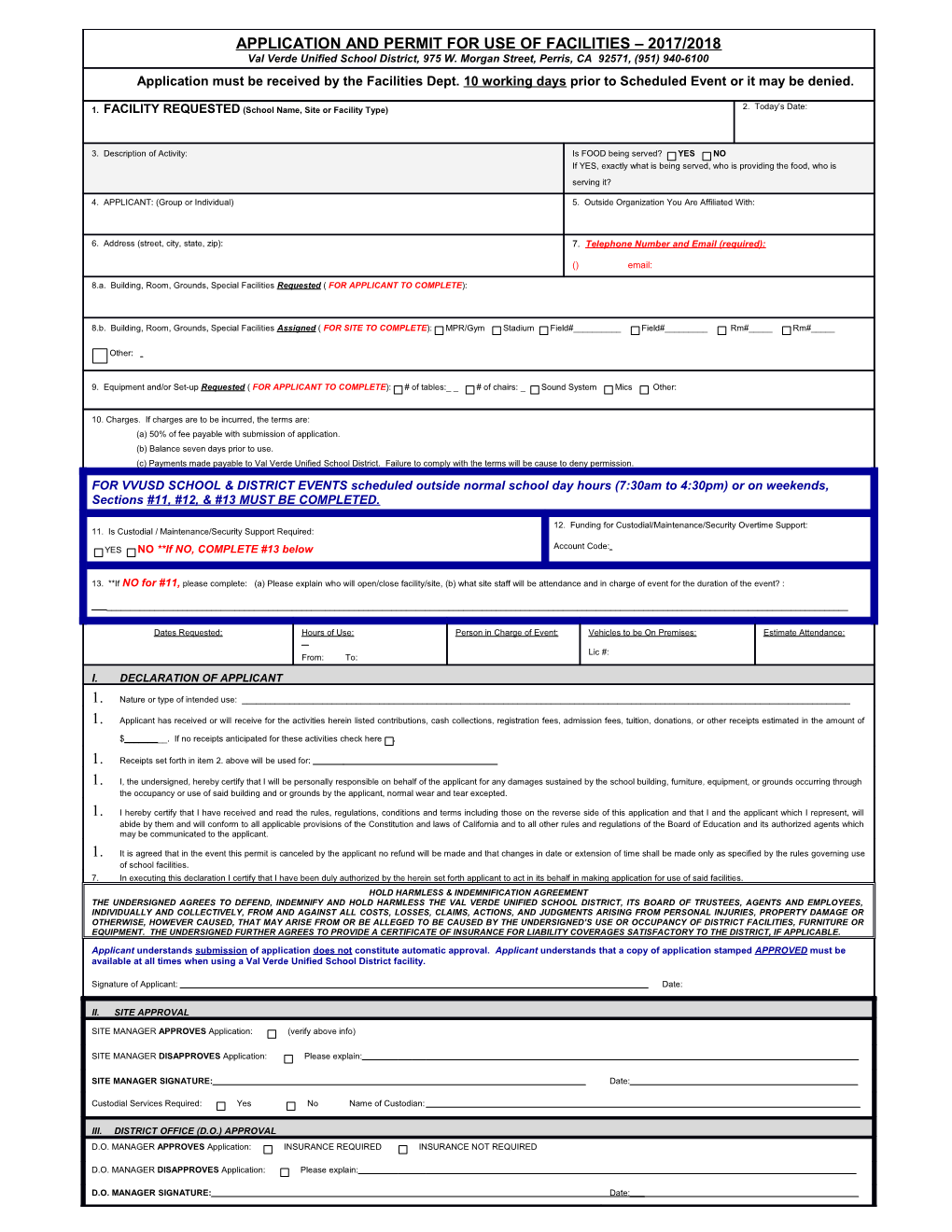 Application and Permit for Use of Facilities