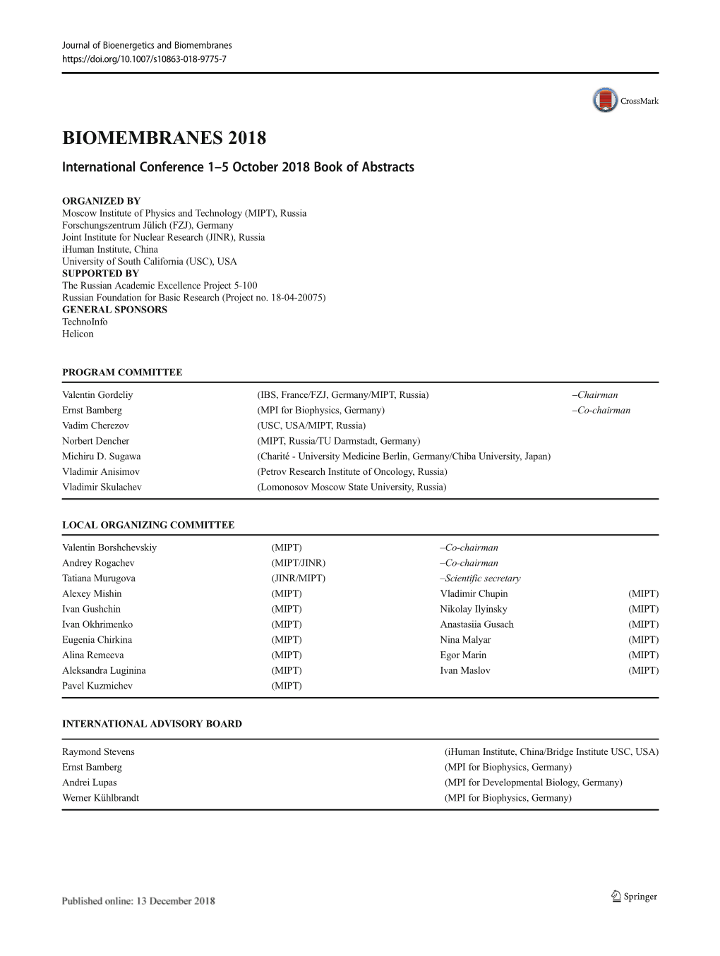 BIOMEMBRANES 2018 International Conference 1–5 October 2018 Book of Abstracts