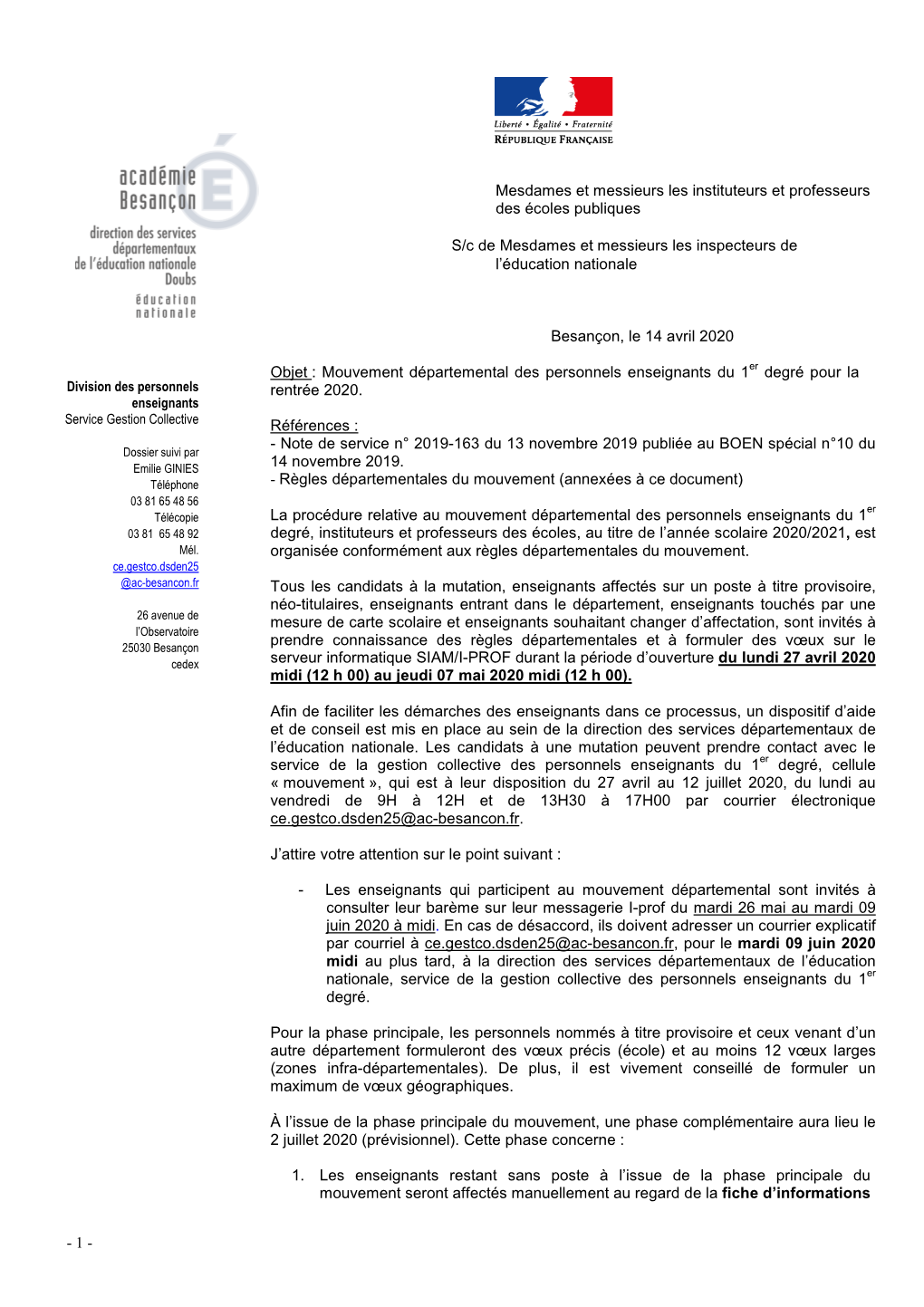 Note De Service Mvt Departemental Du Doubs 2020