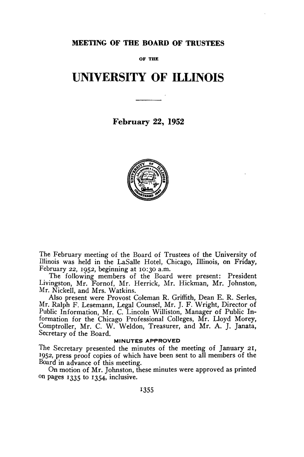 February 22, 1952, Minutes | UI Board of Trustees