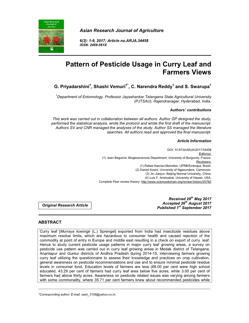 Pattern of Pesticide Usage in Curry Leaf and Farmers Views