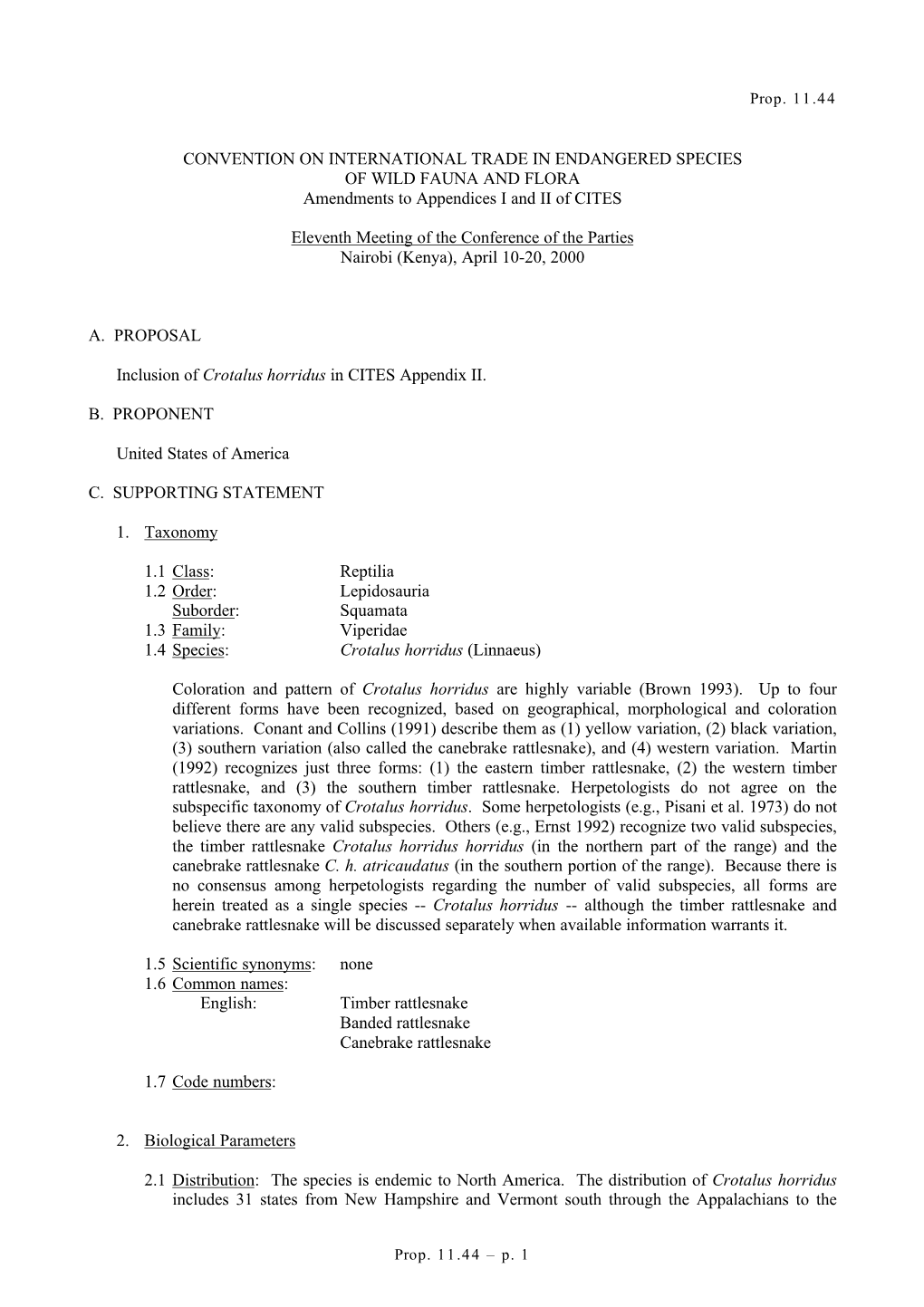 Inclusion of Crotalus Horridus in CITES Appendix II