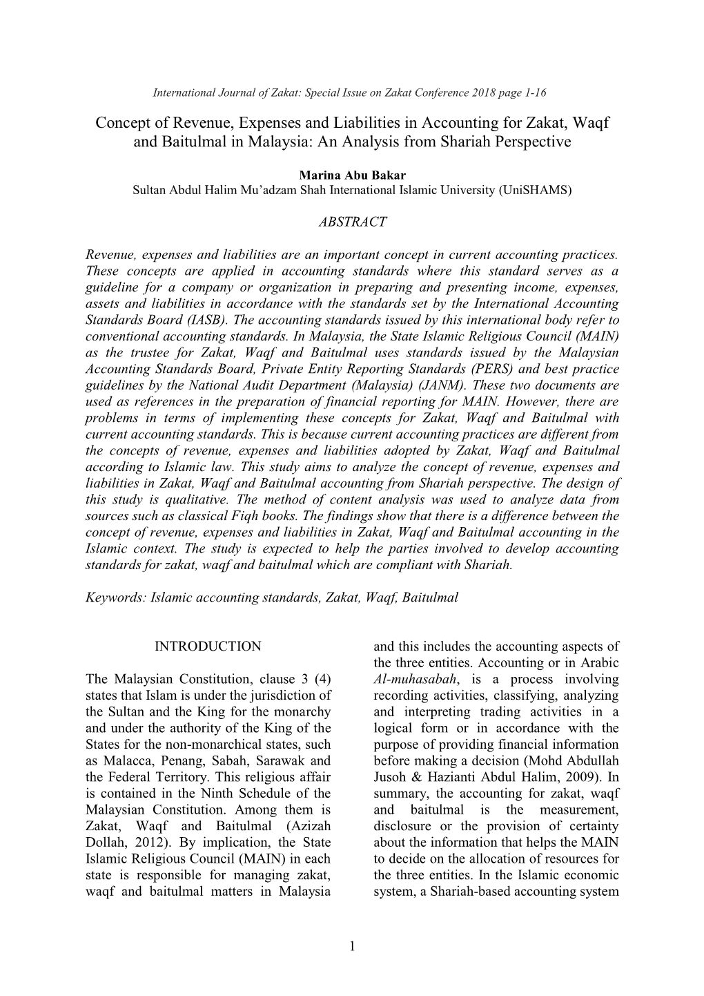 Concept of Revenue, Expenses and Liabilities in Accounting for Zakat, Waqf and Baitulmal in Malaysia: an Analysis from Shariah Perspective