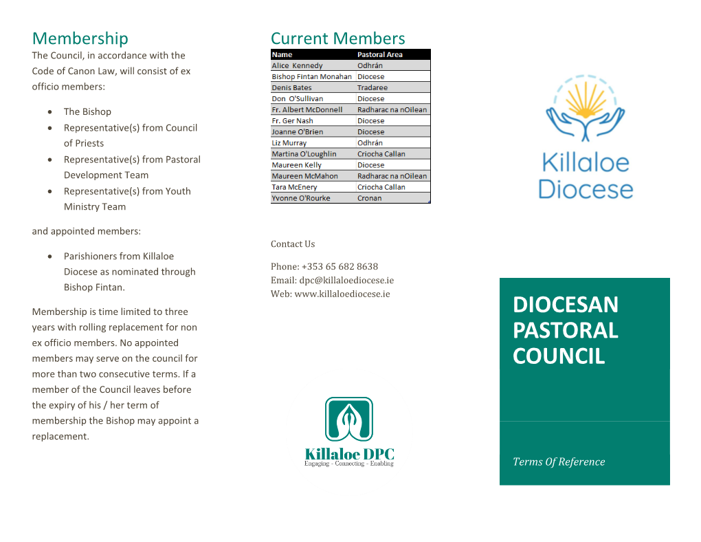 Diocesan Pastoral Council Works Interactions Include: - Closely with the Bishop To: - • Bishop Fintan • Stimulate Thinking
