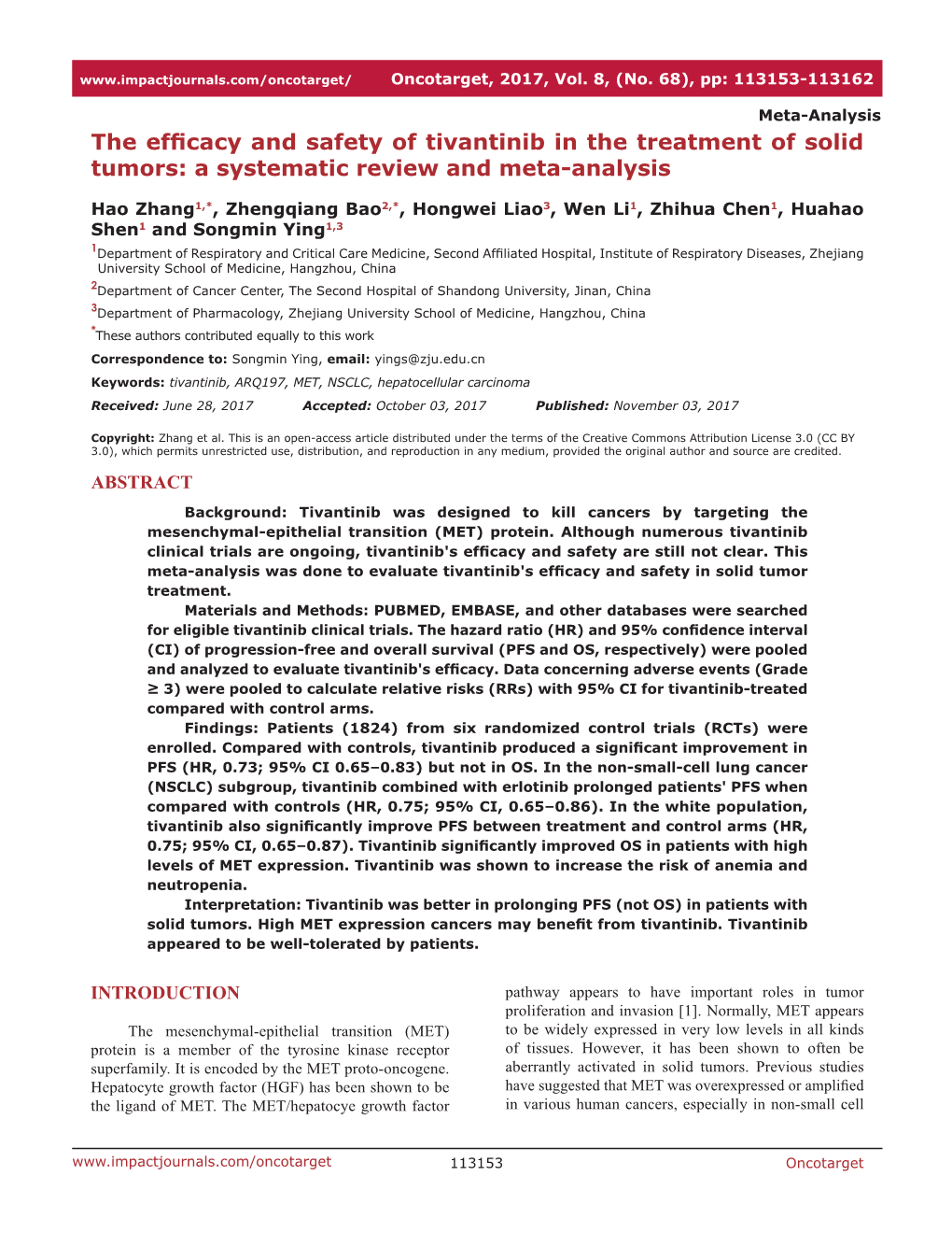 The Efficacy and Safety of Tivantinib in the Treatment of Solid Tumors: a Systematic Review and Meta-Analysis