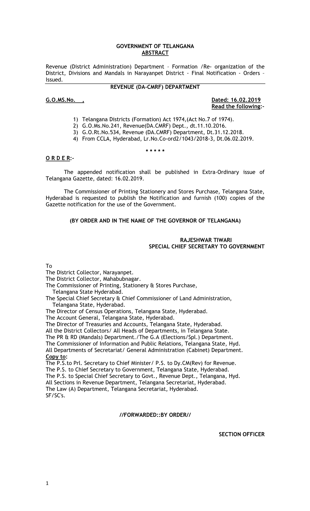 1 GOVERNMENT of TELANGANA ABSTRACT Revenue (District