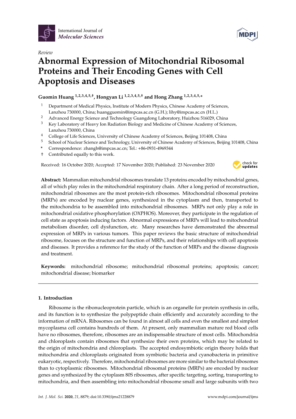 Abnormal Expression of Mitochondrial Ribosomal Proteins and Their Encoding Genes with Cell Apoptosis and Diseases