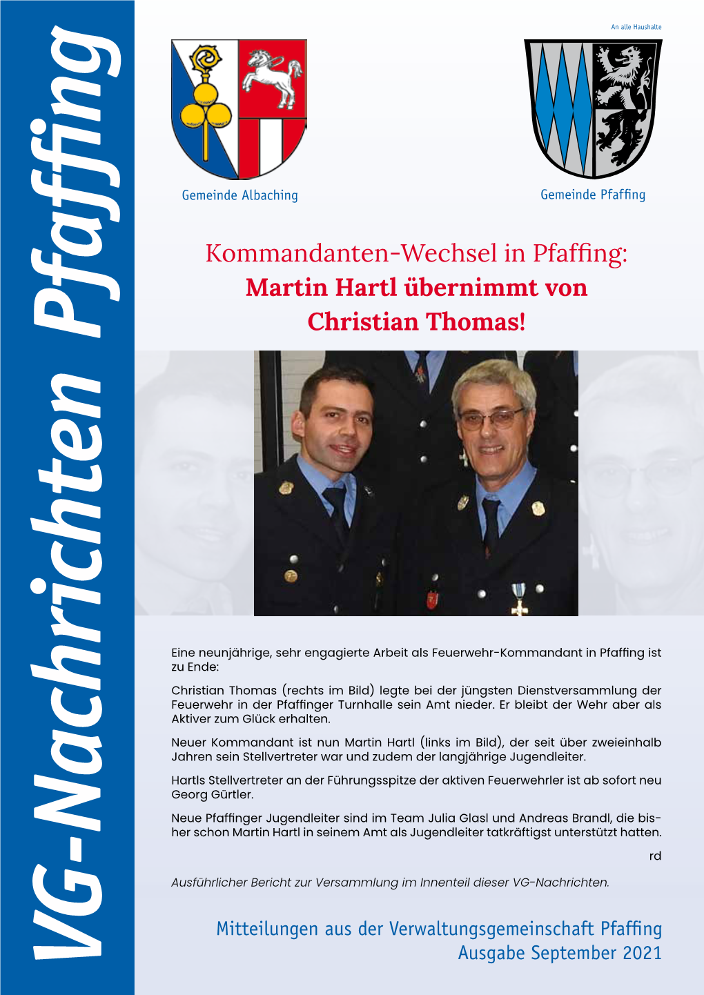 Martin Hartl Übernimmt Von Christian Thomas! Ausgabe September 2021 Gemeinde Pfaffing Gemeinde an Allehaushalte Rd Liebe Mitbürgerinnen Und Mitbürger