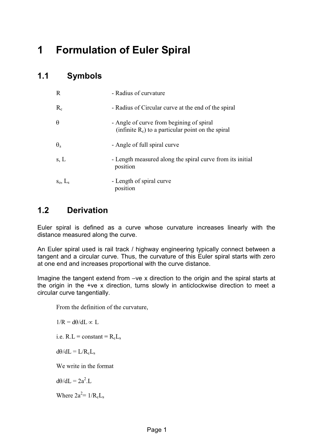 1 Formulation of Euler Spiral