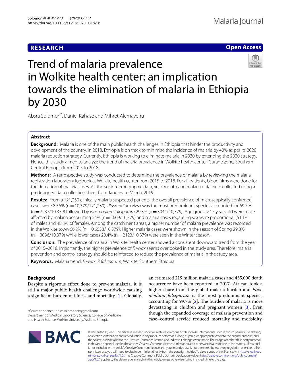 Trend of Malaria Prevalence in Wolkite Health Center