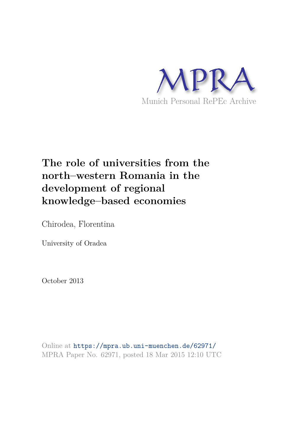 The Role of Universities from the North–Western Romania in the Development of Regional Knowledge–Based Economies