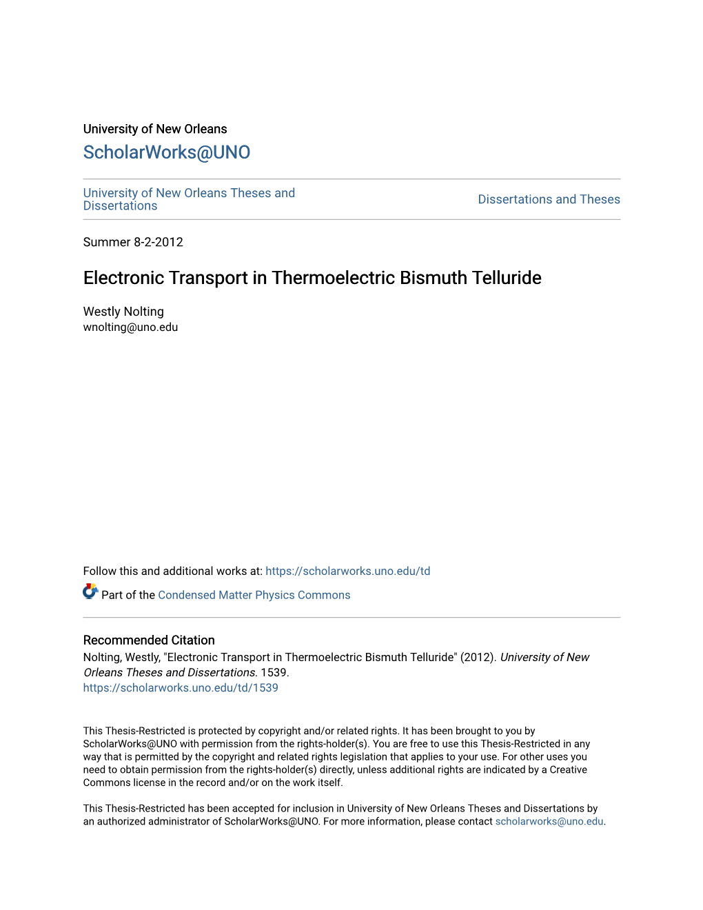Electronic Transport in Thermoelectric Bismuth Telluride