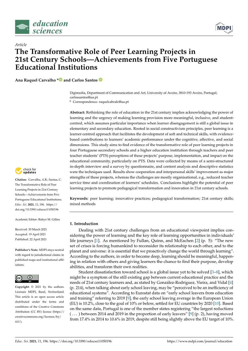 The Transformative Role of Peer Learning Projects in 21St Century Schools—Achievements from Five Portuguese Educational Institutions