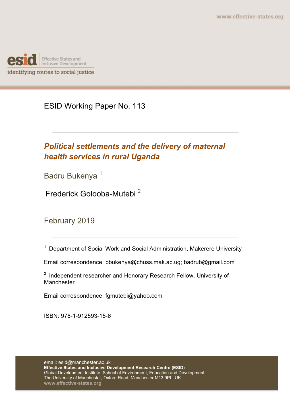 ESID Working Paper No. 113 Political Settlements and the Delivery Of