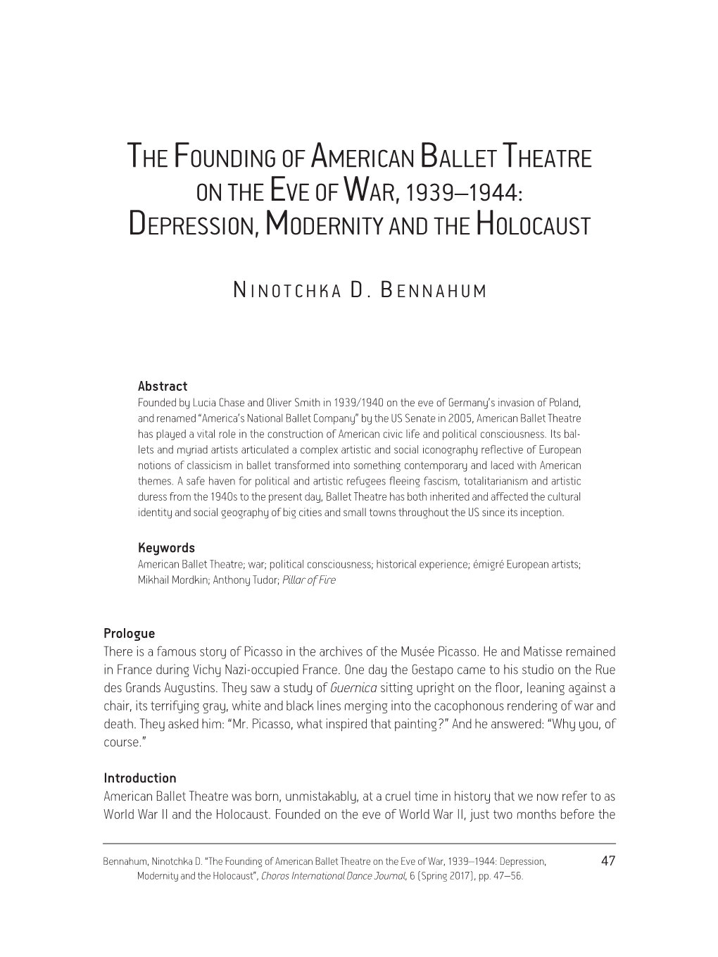 The Founding of American Ballet Theatre on the Eve of War, 1939–1944: Depression, Modernity and the Holocaust