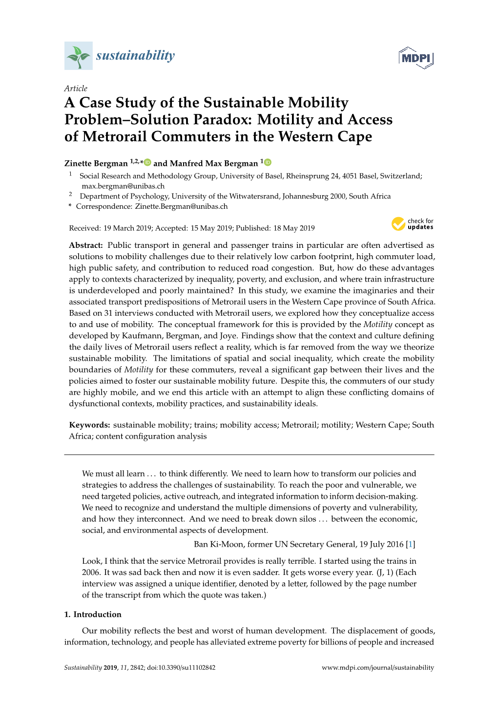 A Case Study of the Sustainable Mobility Problem–Solution Paradox: Motility and Access of Metrorail Commuters in the Western Cape