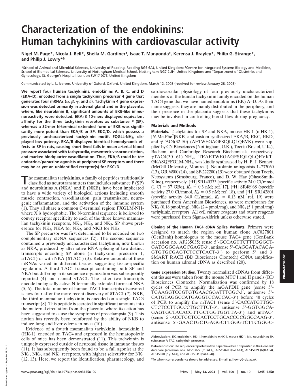 Characterization of the Endokinins: Human Tachykinins with Cardiovascular Activity