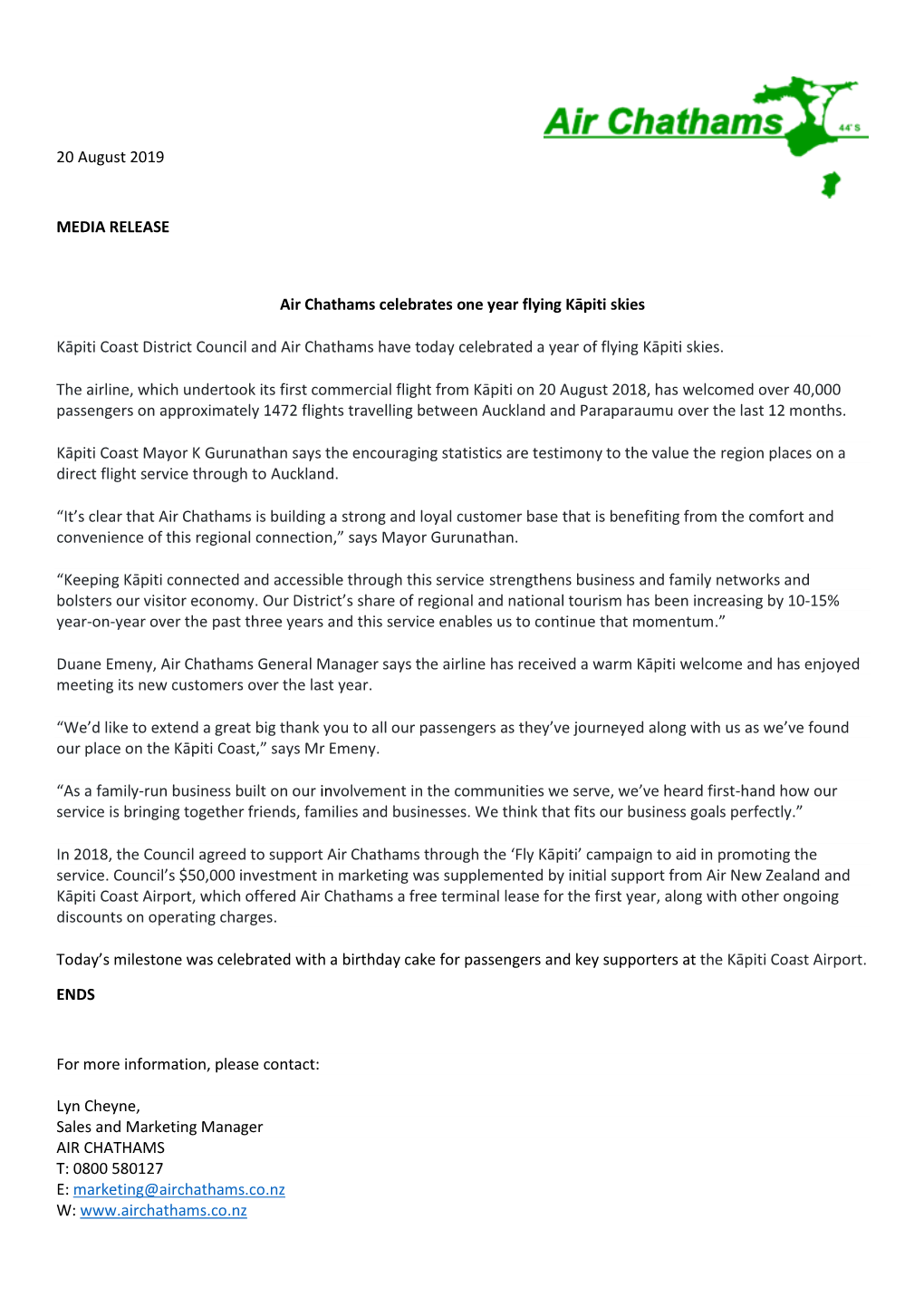 20 August 2019 MEDIA RELEASE Air Chathams Celebrates One Year