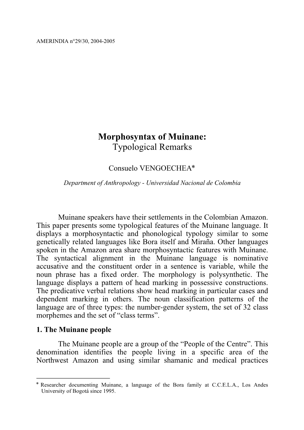 Morphosyntax of Muinane: Typological Remarks