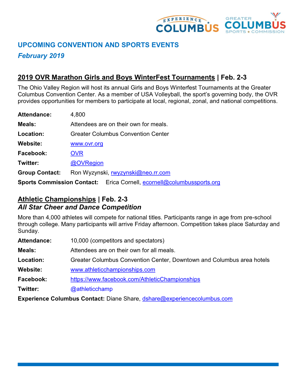 UPCOMING CONVENTION and SPORTS EVENTS February 2019