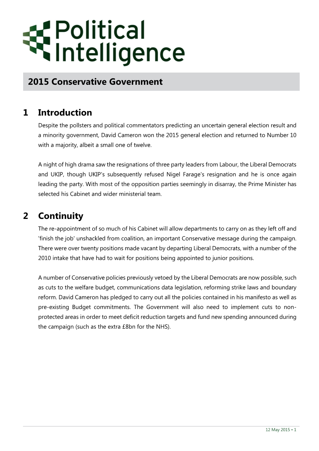 1 Introduction 2 Continuity 2015 Conservative Government