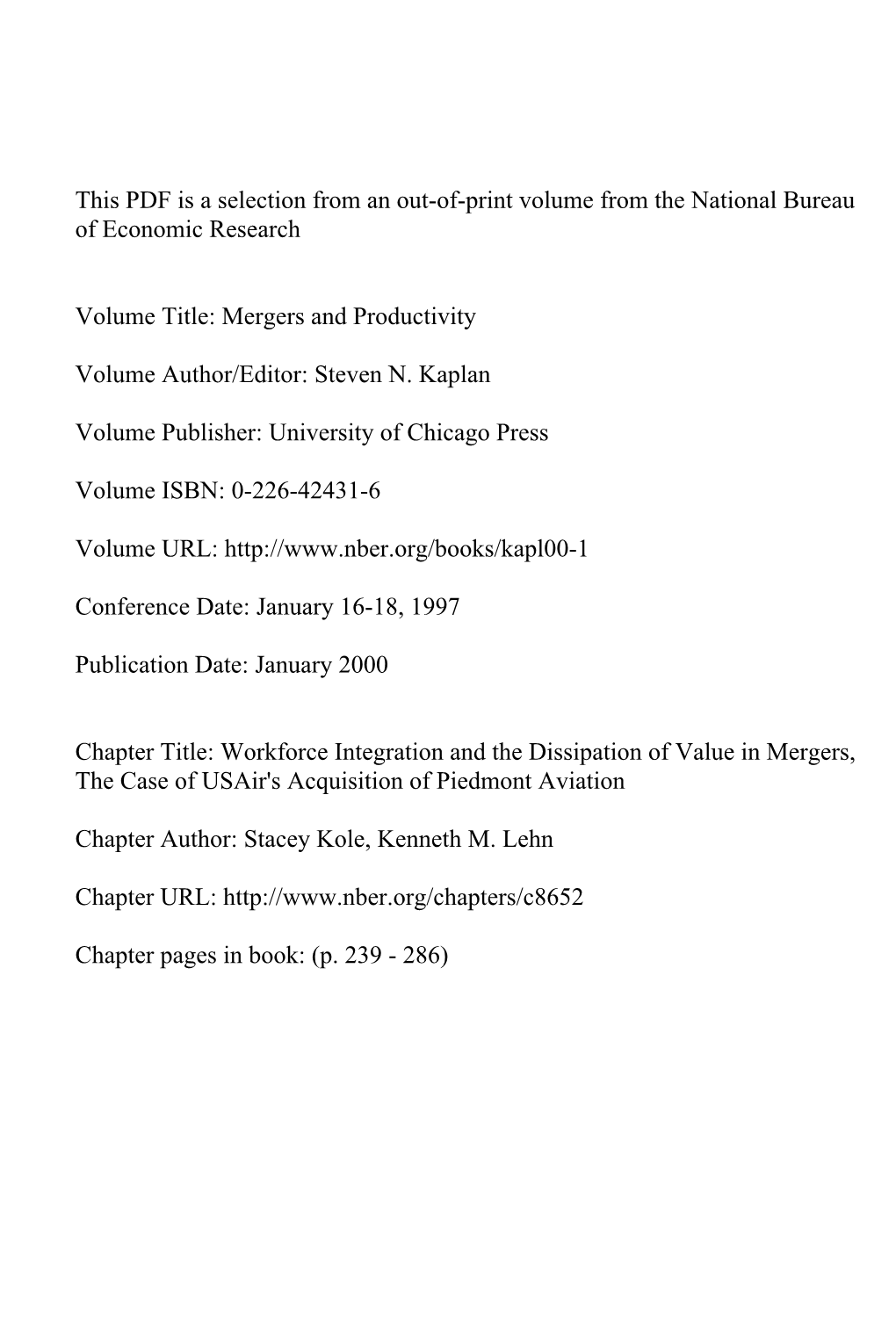 Workforce Integration and the Dissipation of Value in Mergers, the Case of Usair's Acquisition of Piedmont Aviation