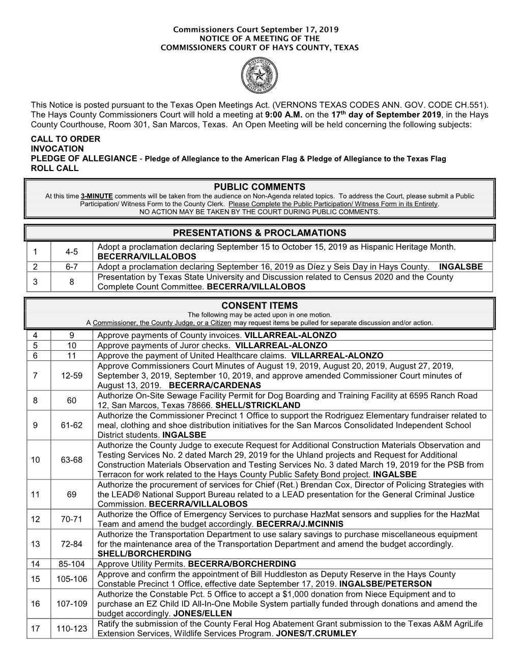 Commissioners Court September 17, 2019 NOTICE of a MEETING of the COMMISSIONERS COURT of HAYS COUNTY, TEXAS