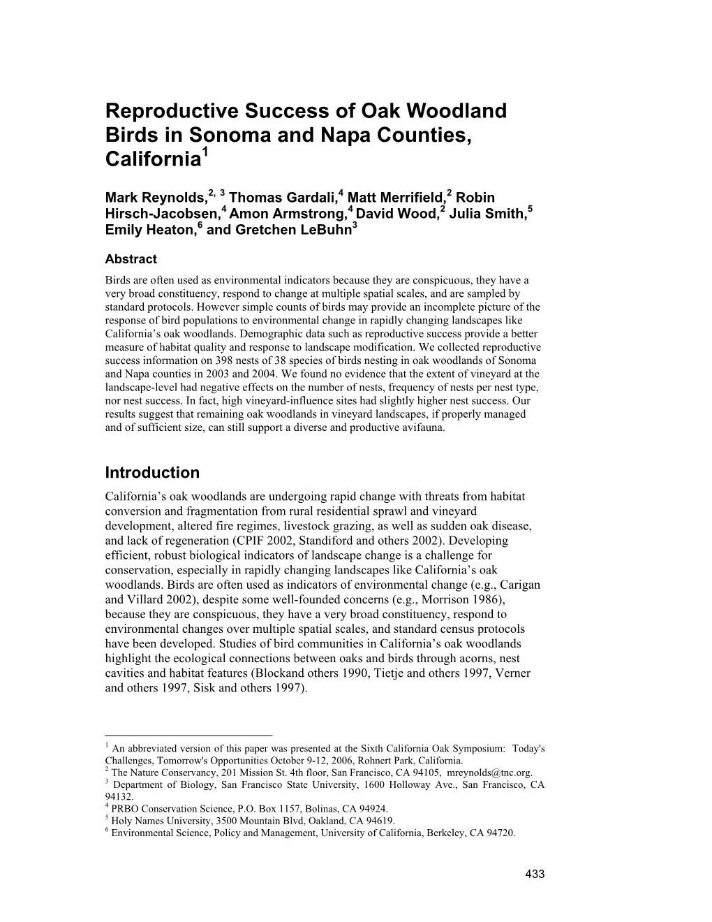 Reproductive Success of Oak Woodland Birds in Sonoma and Napa Counties, California1