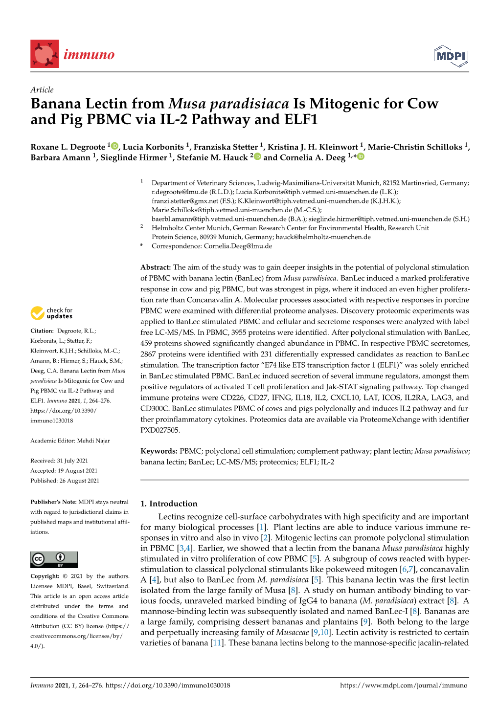 Banana Lectin from Musa Paradisiaca Is Mitogenic for Cow and Pig PBMC Via IL-2 Pathway and ELF1