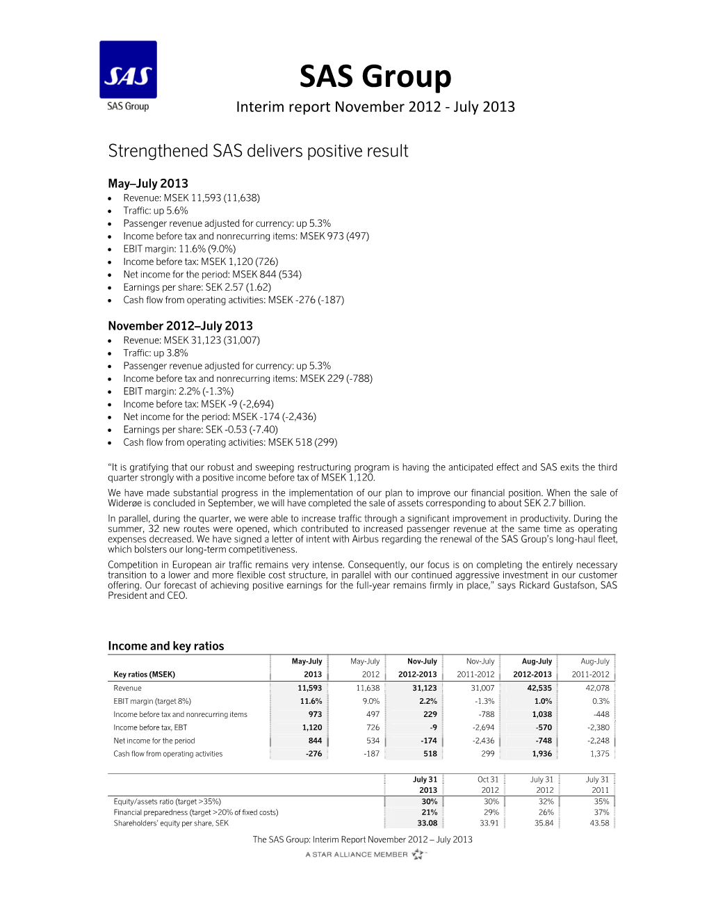 SAS Group Interim Report November 2012 ‐ July 2013