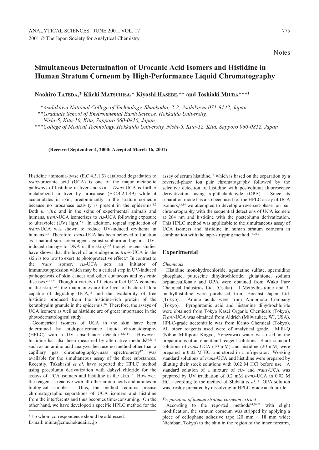 Simultaneous Determination of Urocanic Acid Isomers and Histidine in Human Stratum Corneum by High-Performance Liquid Chromatography