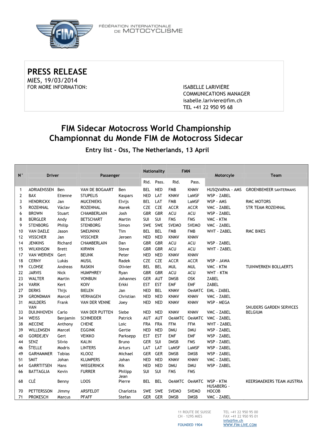 PRESS RELEASE FIM Sidecar Motocross World Championship