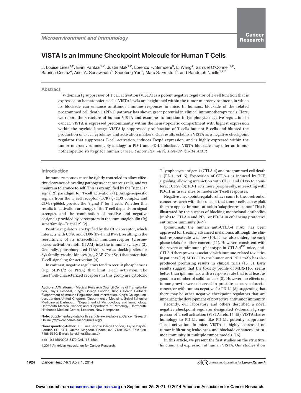 VISTA Is an Immune Checkpoint Molecule for Human T Cells