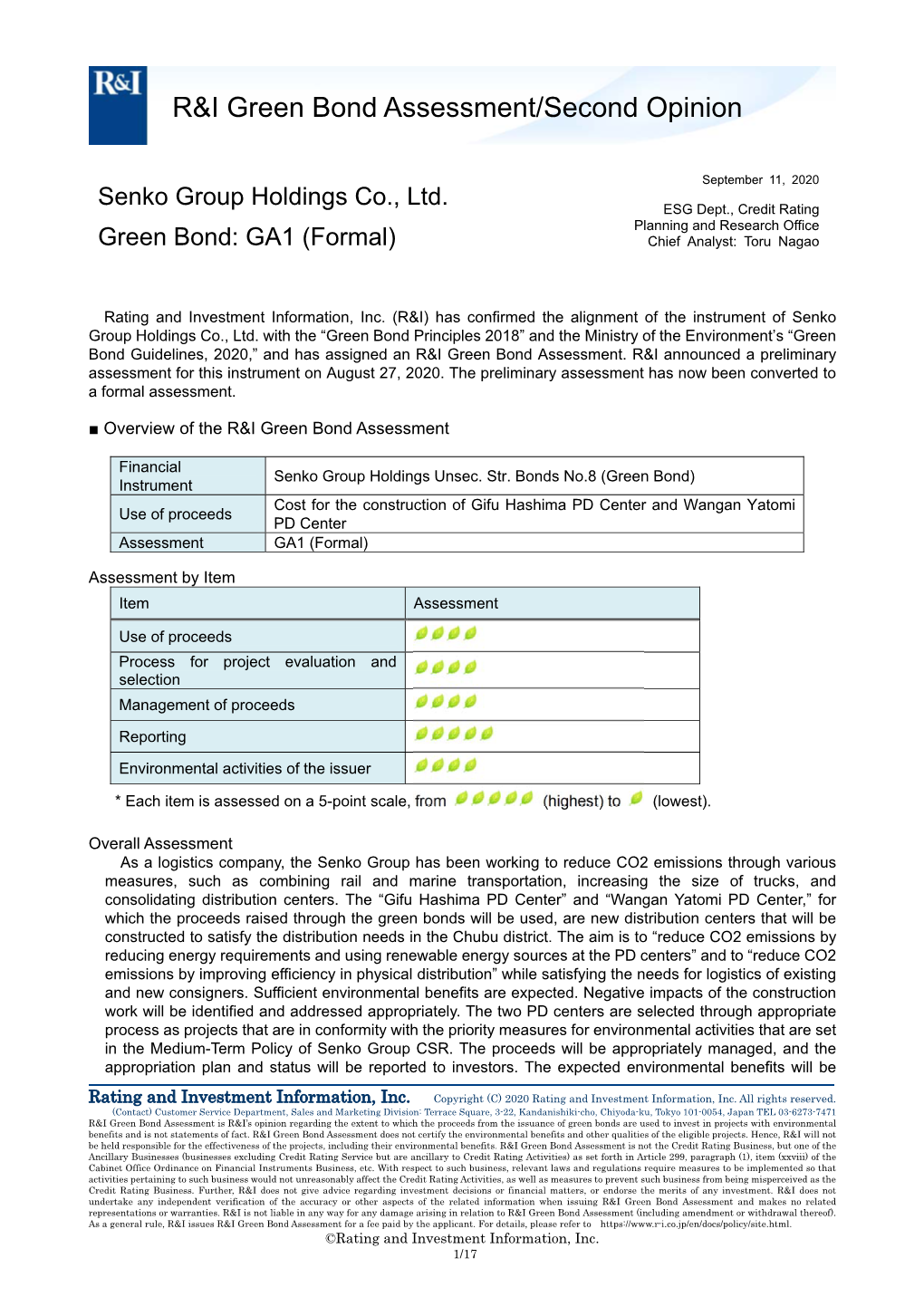 R&I Green Bond Assessment/Second Opinion