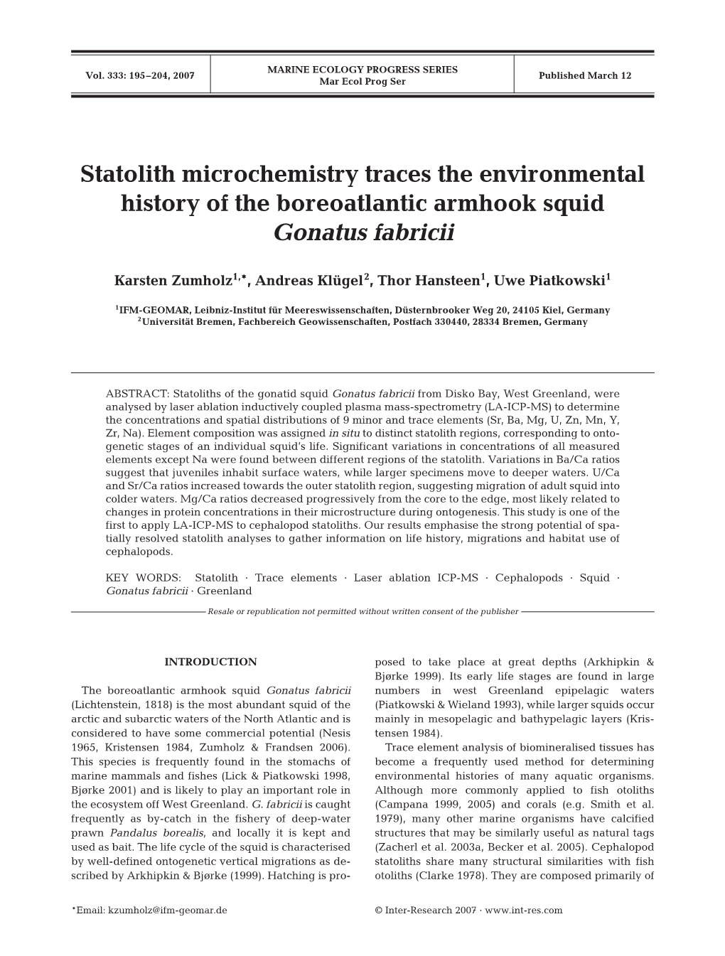 Statolith Microchemistry Traces the Environmental History of the Boreoatlantic Armhook Squid Gonatus Fabricii