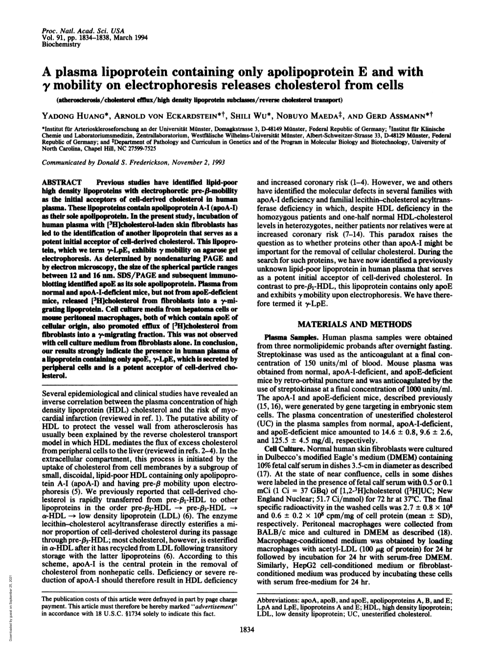 A Plasma Lipoprotein Containing Onlyapolipoprotein E and With