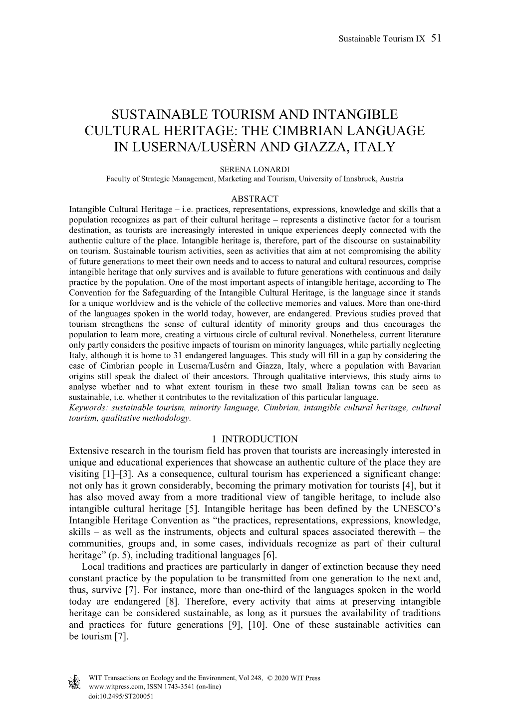 Sustainable Tourism and Intangible Cultural Heritage: the Cimbrian Language in Luserna/Lusèrn and Giazza, Italy