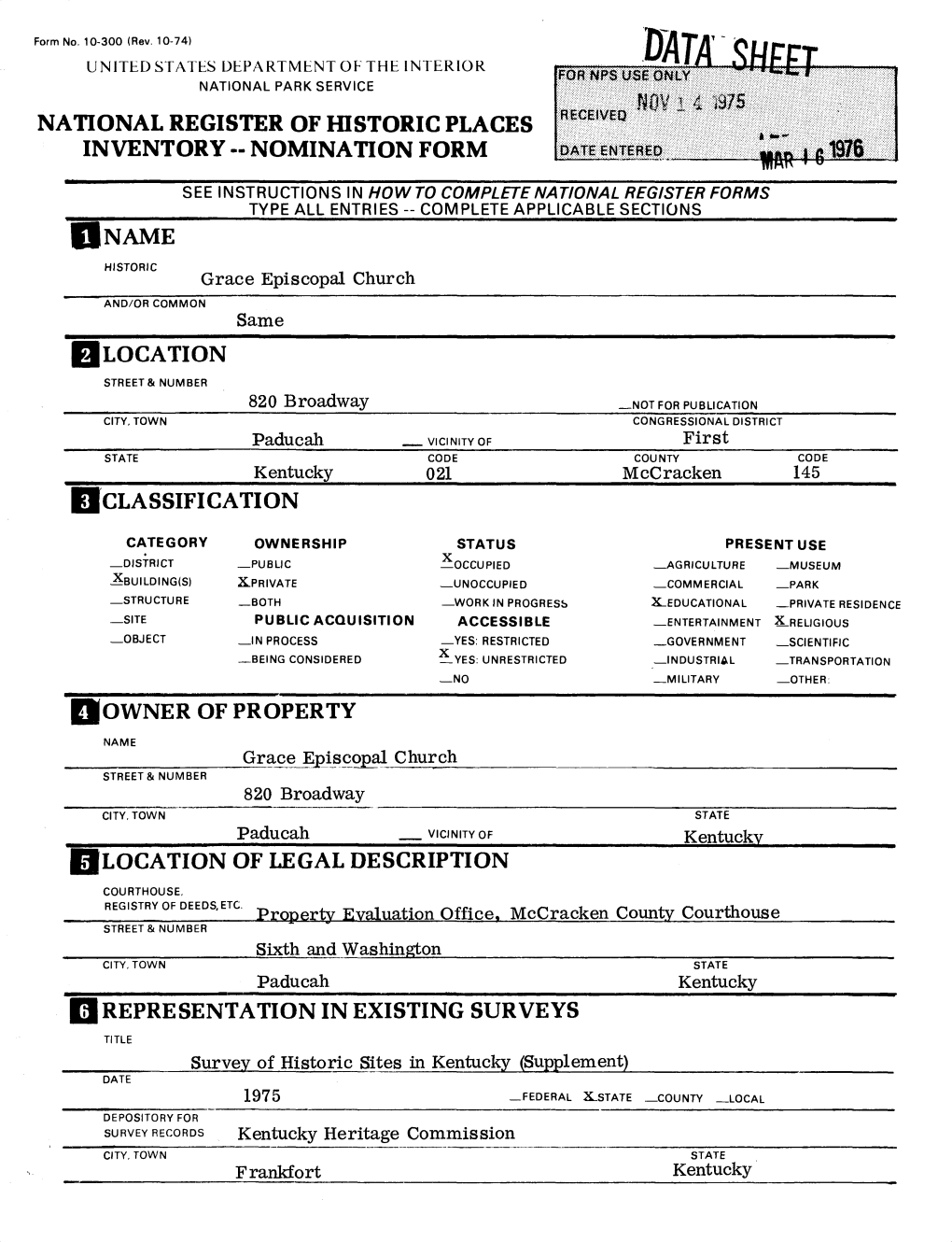 National Register of Historic Places Inventory -- Nomination Form