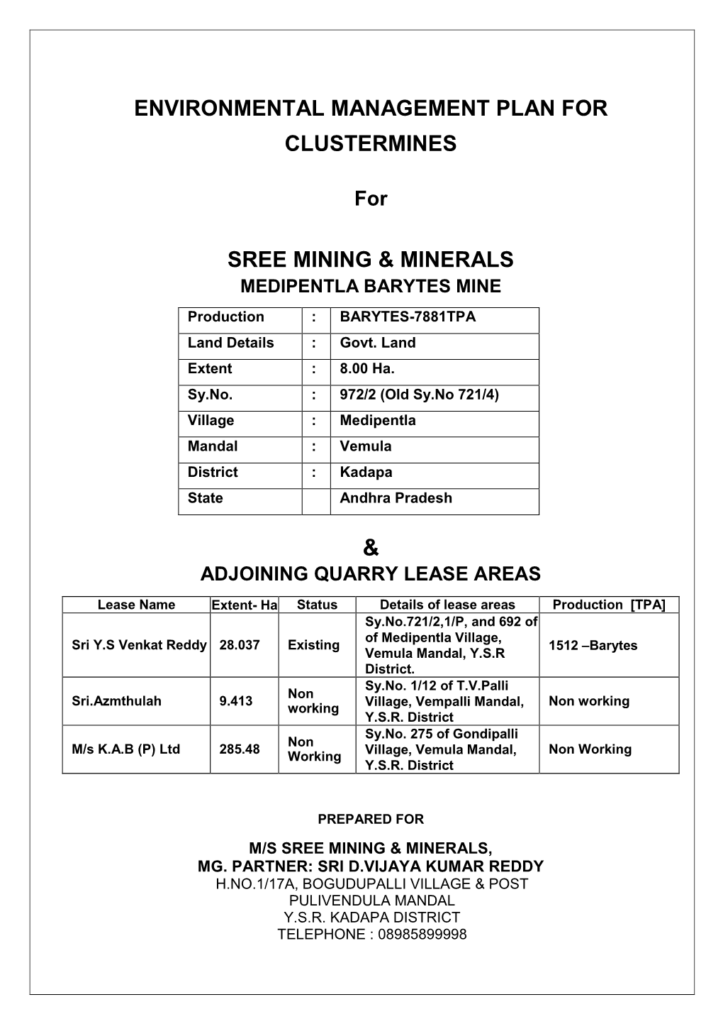 Environmental Management Plan for Clustermines Sree Mining & Minerals