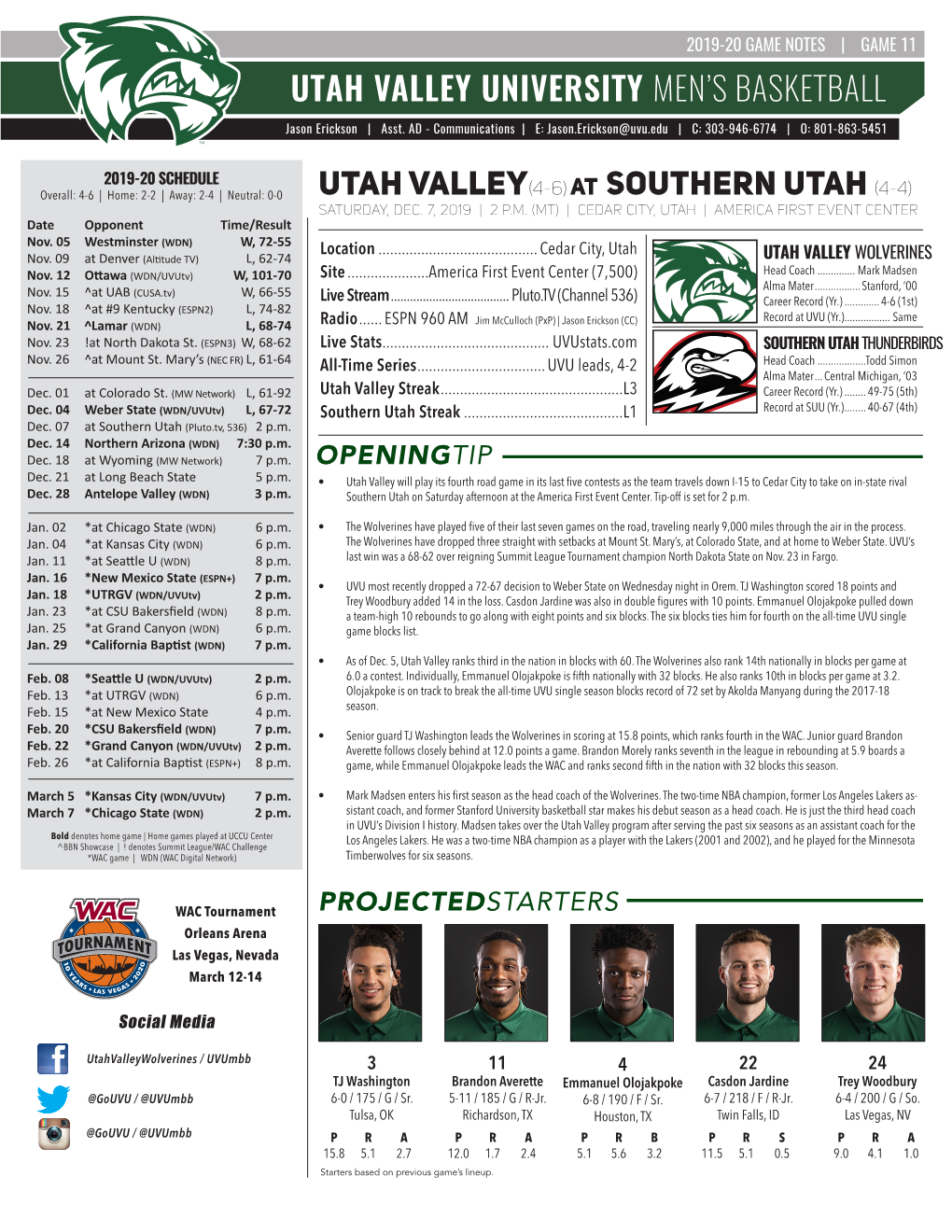 Utah Valley University Men's Basketball Utah Valley(4-6