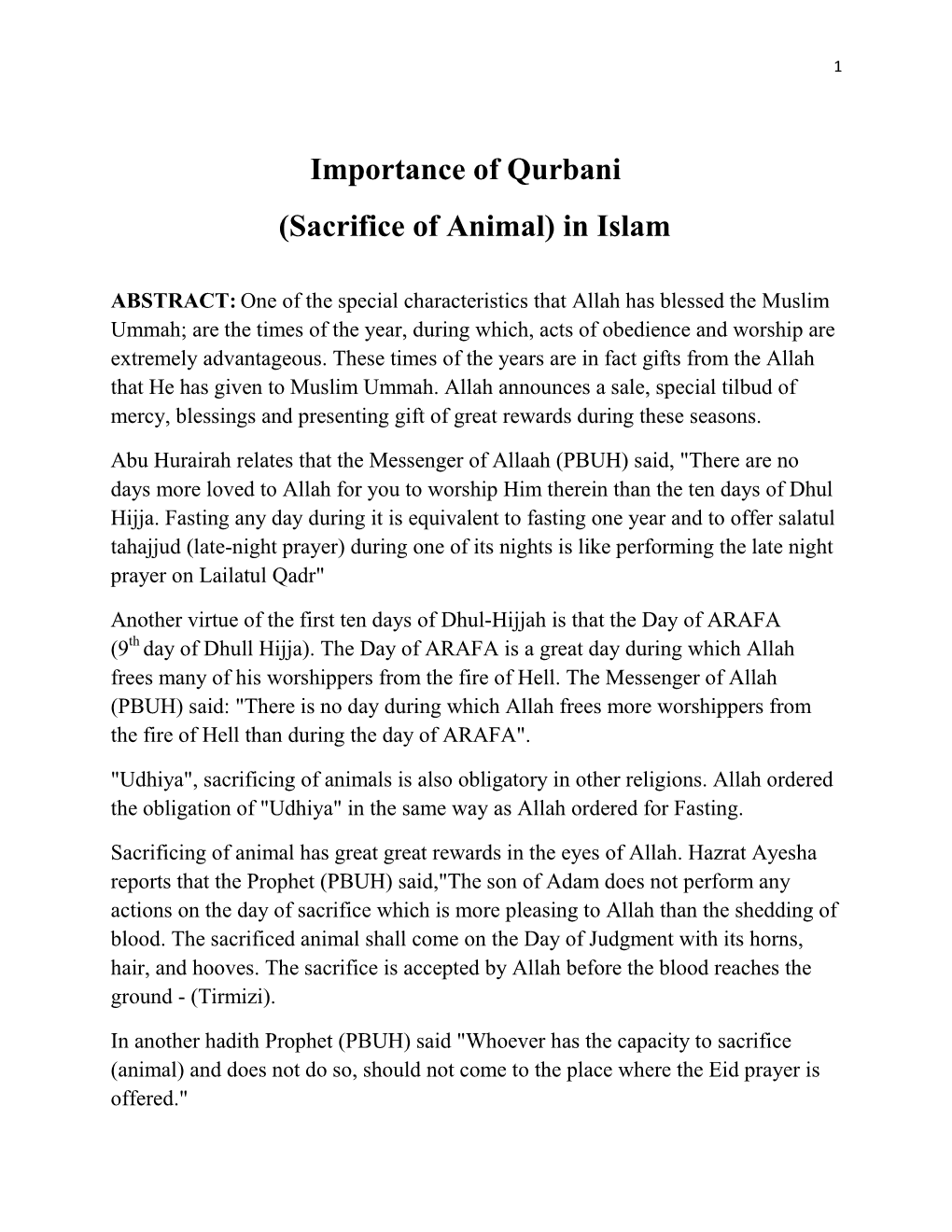 Importance of Qurbani (Sacrifice of Animal) in Islam